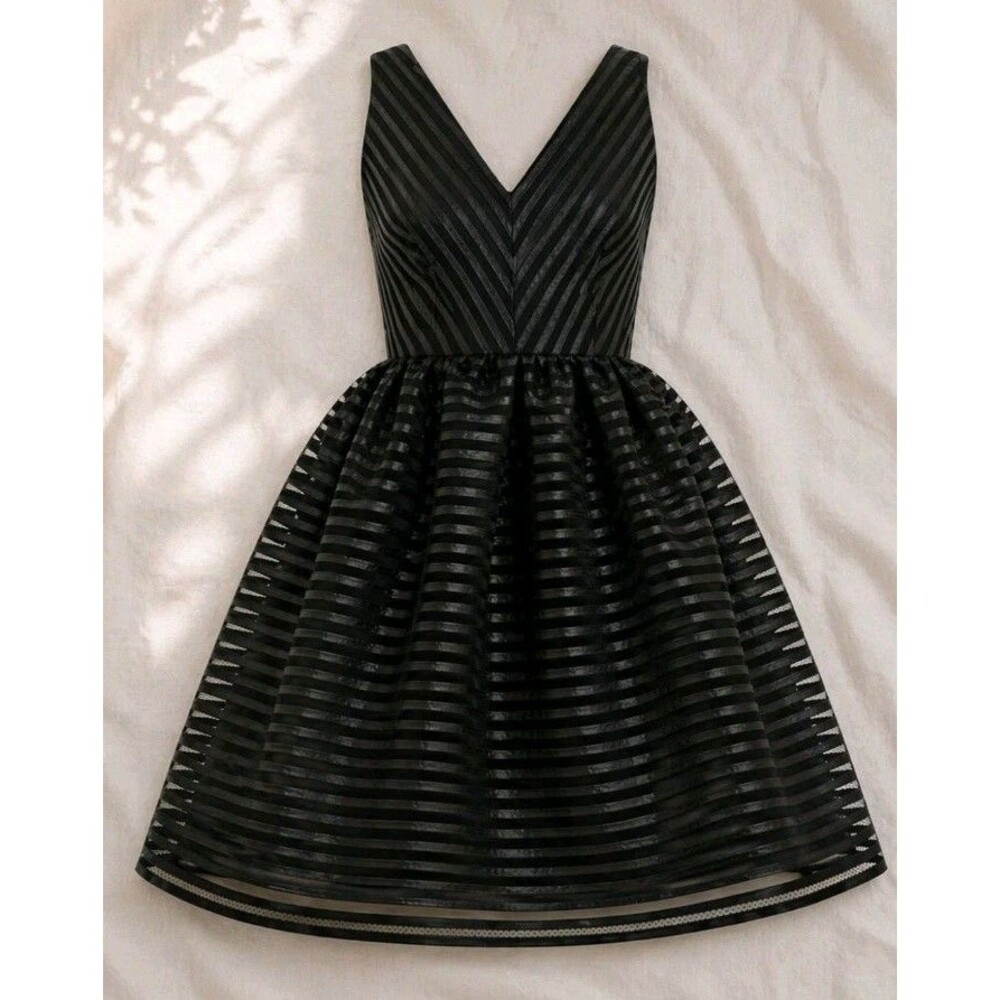 Bar III Black Textured Fit & Flare Dress Sz Small Mesh Stripe Cocktail Midi